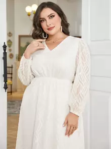 Mulvari Plus V Neck Lantern Sleeve Dress - Apricot - View 5