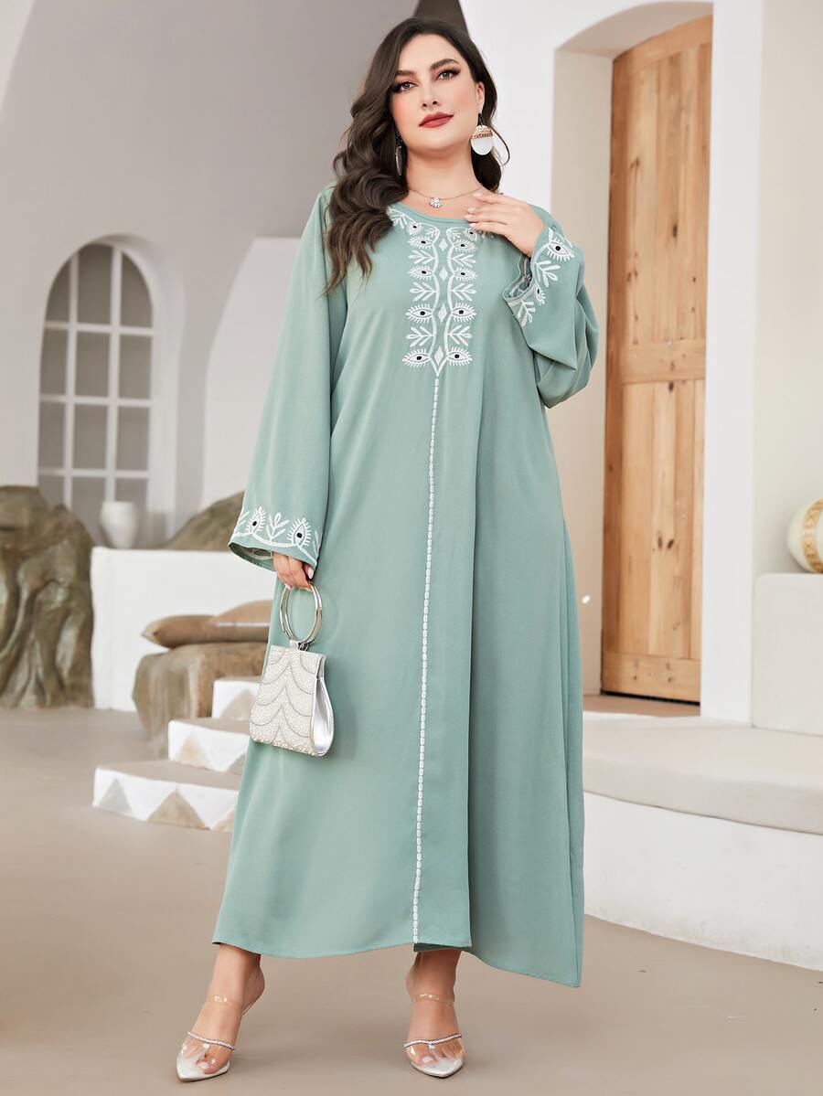 Al Najma Plus Embroidery Detail Bell Sleeve Tunic Dress - Mint Green - View 1