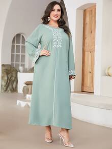 Al Najma Plus Embroidery Detail Bell Sleeve Tunic Dress - Mint Green - View 3