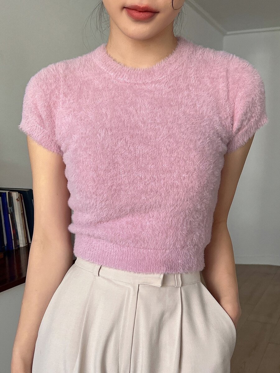 DAZY Solid Round Neck Fuzzy Knit Top - Pink - View 1