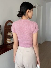 DAZY Solid Round Neck Fuzzy Knit Top - Pink - View 2