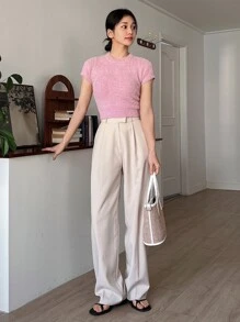 DAZY Solid Round Neck Fuzzy Knit Top - Pink - View 5