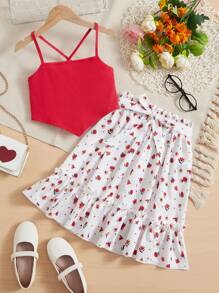 SHEIN 女孩條紋針織吊帶上衣和印花荷葉邊腰帶半身裙