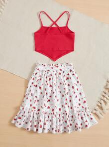 SHEIN 女孩條紋針織吊帶上衣和印花荷葉邊腰帶半身裙