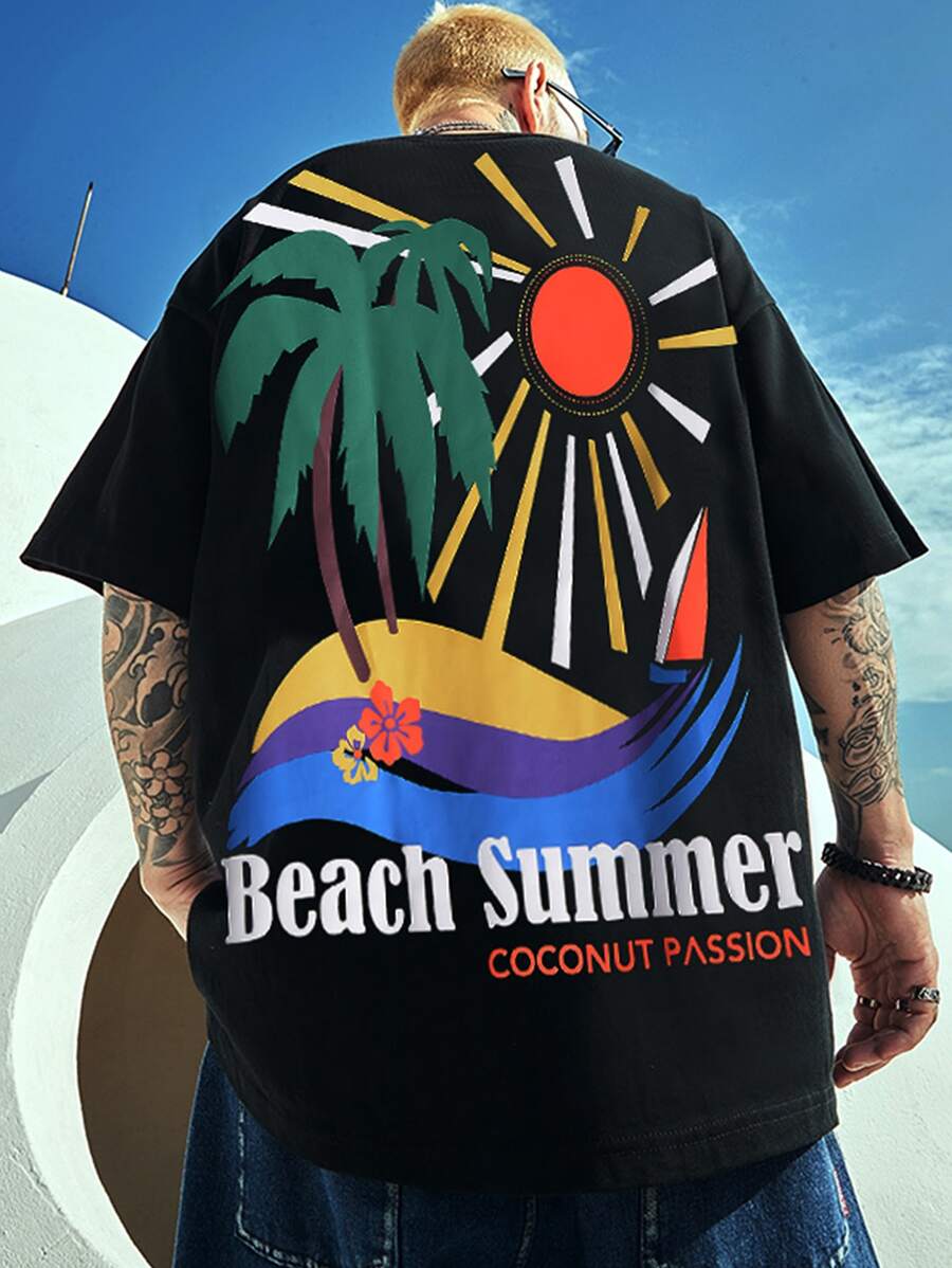 Manfinity Chillmode Men Sun & Slogan Graphic Drop Shoulder Oversized Tee - Black - View 1