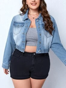 Plus Bleach Wash Flap Pocket Denim Jacket - Medium Wash - View 3