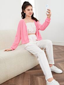 SHEIN Teen Girls Frill Trim Cami Top & Drop Shoulder Jacket & Trousers - Multicolor - View 1