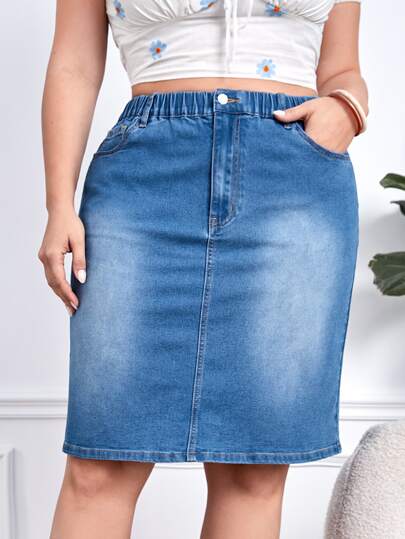 EMERY ROSE Plus High Waist Slant Pocket Denim Skirt