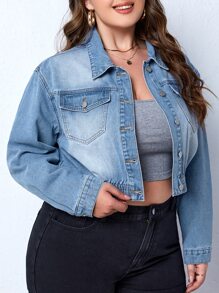 Plus Bleach Wash Flap Pocket Denim Jacket - Medium Wash - View 5