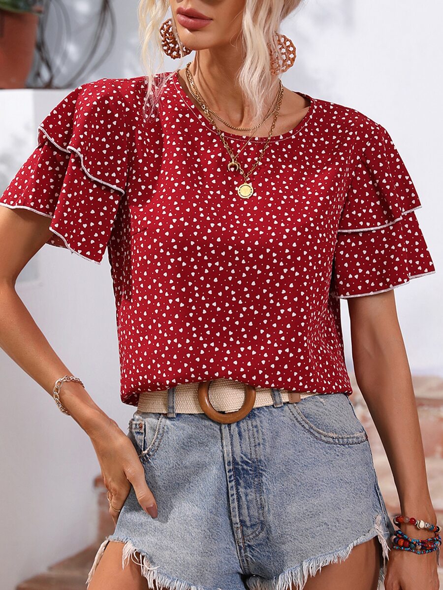 SHEIN LUNE Allover Heart Print Layered Sleeve Blouse - Burgundy - View 1