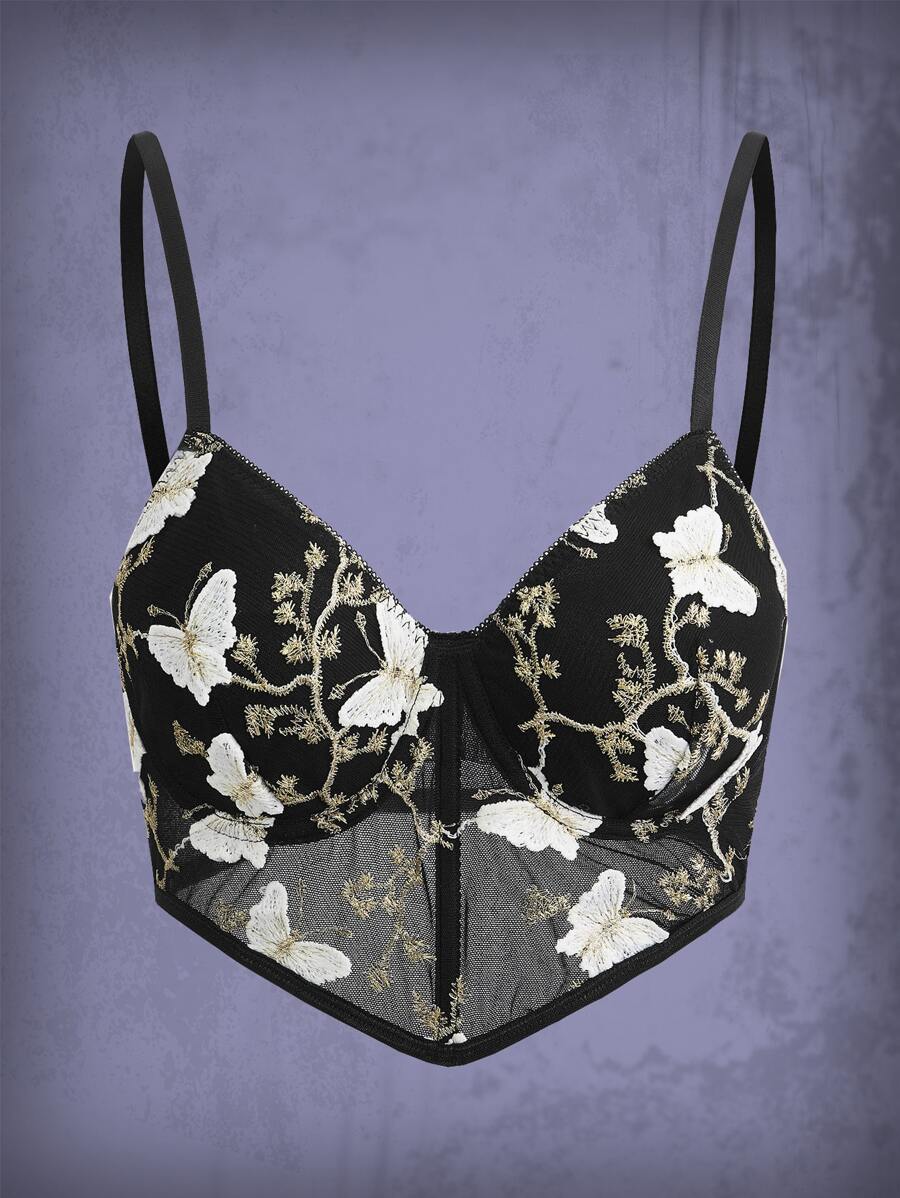 ROMWE Goth Butterfly Embroidery Mesh Cami Top Graphic Tees Women Tops - Black - View 1