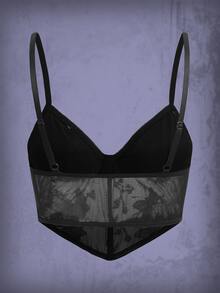 ROMWE Goth Butterfly Embroidery Mesh Cami Top Graphic Tees Women Tops - Black - View 2