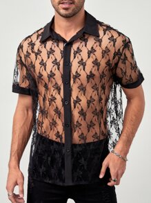 Manfinity Fever City Men Butterfly Print Sheer Shirt - Black - View 1