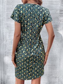 SHEIN LUNE Allover Print Batwing Sleeve Knot Side Dress - Dark Green - View 2