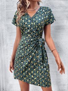 SHEIN LUNE Allover Print Batwing Sleeve Knot Side Dress - Dark Green - View 3