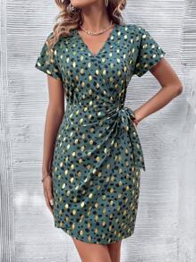 SHEIN LUNE Allover Print Batwing Sleeve Knot Side Dress - Dark Green - View 4