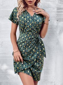 SHEIN LUNE Allover Print Batwing Sleeve Knot Side Dress - Dark Green - View 5
