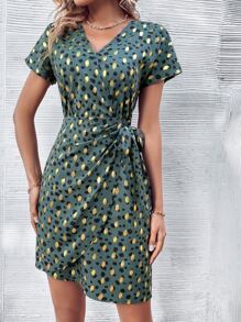 SHEIN LUNE Allover Print Batwing Sleeve Knot Side Dress - Dark Green - View 6