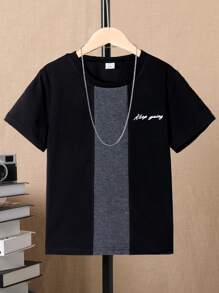 SHEIN Tween Boy Round Neck Colorblock Letter Print Casual T-Shirt, Spring/Summer