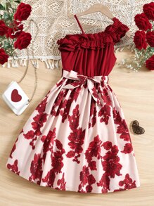 Sparklyn Tween Girl Floral Print Ruffle Asymmetrical Neck Dress