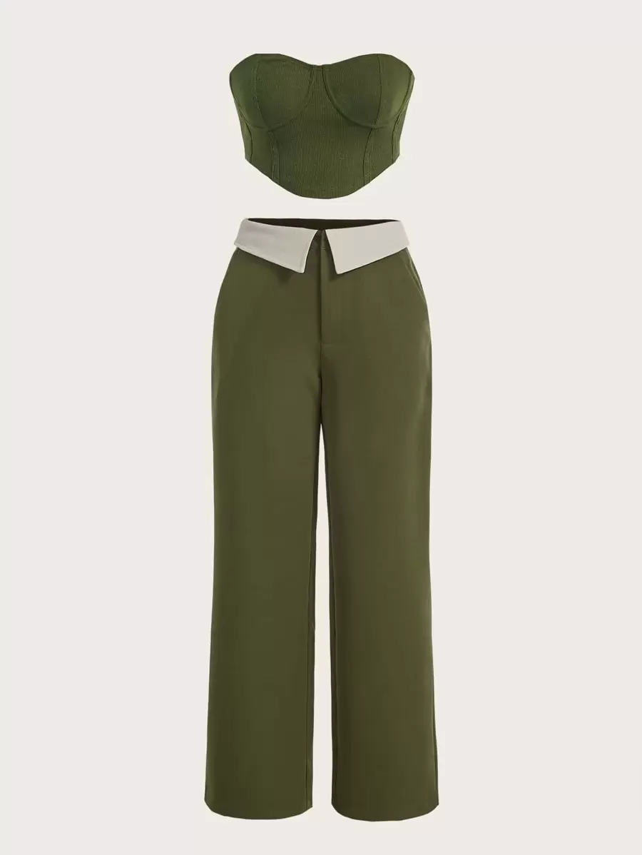 SHEIN ICON Bộ đồ hai mảnh nữ Bất đối xứng Nút Túi Dây kéo Khối Màu Giải trí - xanh quân đội - Xem 1