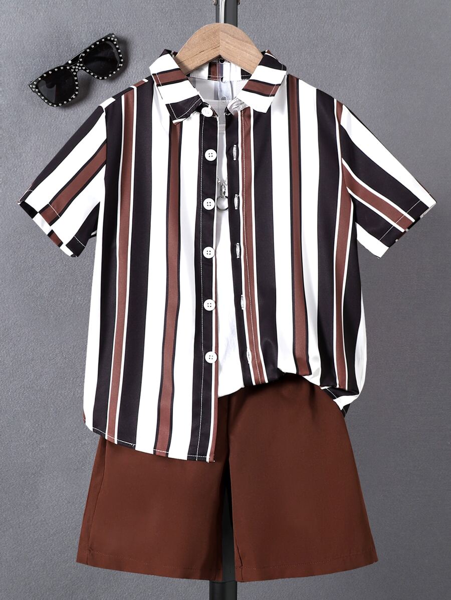 Boys Vertical Striped Shirt & Shorts Without Tee - Multicolor - View 1