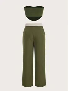 SHEIN ICON Bộ đồ hai mảnh nữ Bất đối xứng Nút Túi Dây kéo Khối Màu Giải trí - xanh quân đội - Xem 2