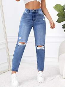 Medium Washed Ripped Mom Fit Jeans - Medium Wash - View 1