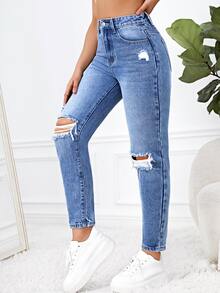 Medium Washed Ripped Mom Fit Jeans - Medium Wash - View 3