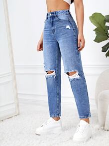 Medium Washed Ripped Mom Fit Jeans - Medium Wash - View 4