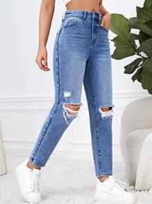 Medium Washed Ripped Mom Fit Jeans - Medium Wash - View 5