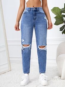 Medium Washed Ripped Mom Fit Jeans - Medium Wash - View 6