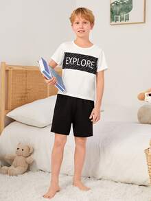 Boys Letter Graphic Tee & Shorts PJ Set - Black and White - View 4