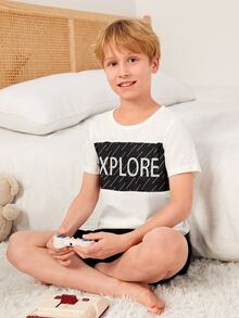Boys Letter Graphic Tee & Shorts PJ Set - Black and White - View 3