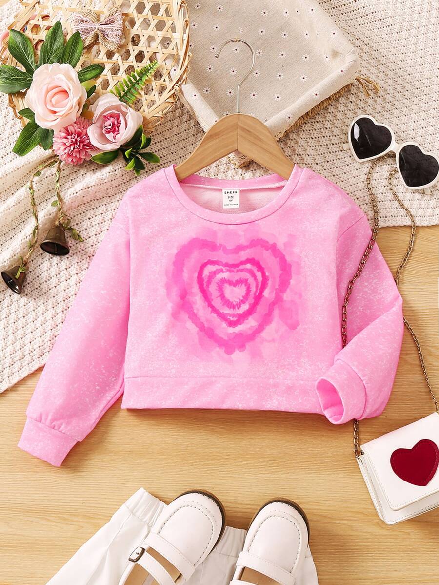 Toddler Girls Heart Print Drop Shoulder Sweatshirt - Pink - View 1