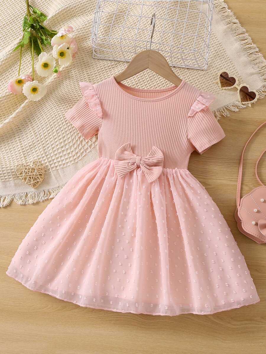 Toddler Girls Ruffle Trim Bow Front Swiss Dot Overlay Hem Dress - Baby Pink - View 1