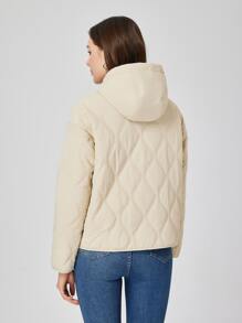 ZIAI Zip Up Hooded Onion Quilted Coat - Beige - View 2