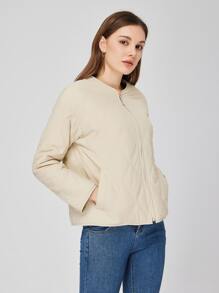 ZIAI Zip Up Hooded Onion Quilted Coat - Beige - View 3