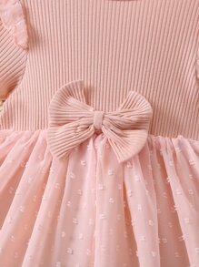 Toddler Girls Ruffle Trim Bow Front Swiss Dot Overlay Hem Dress - Baby Pink - View 4