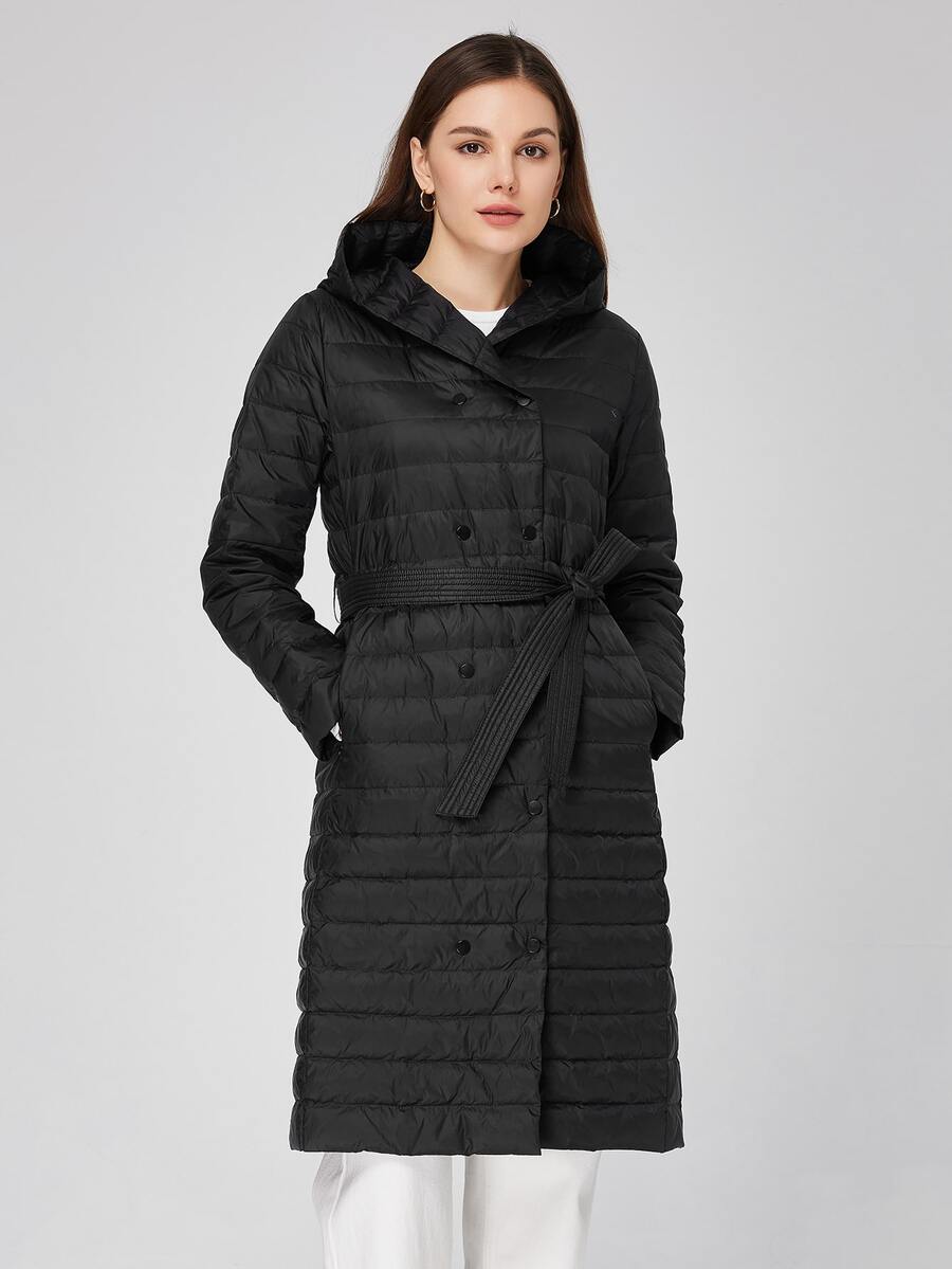 Slant Pockets Hooded Belted Padded Coat - Black - View 1