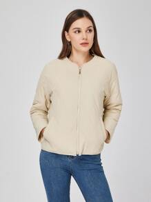 ZIAI Zip Up Hooded Onion Quilted Coat - Beige - View 5