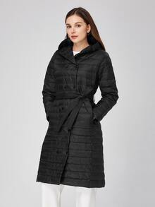 Slant Pockets Hooded Belted Padded Coat - Black - View 3