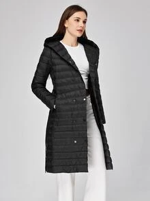 Slant Pockets Hooded Belted Padded Coat - Black - View 4