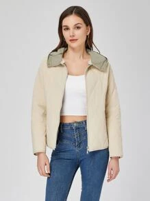 ZIAI Zip Up Hooded Onion Quilted Coat - Beige - View 9