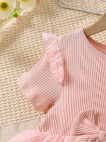 Toddler Girls Ruffle Trim Bow Front Swiss Dot Overlay Hem Dress - Baby Pink - View 6