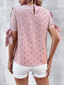 SHEIN LUNE Gold Dot Print Knot Cuff Blouse - Pink - View 2