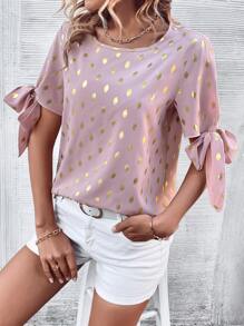 SHEIN LUNE Gold Dot Print Knot Cuff Blouse - Pink - View 3