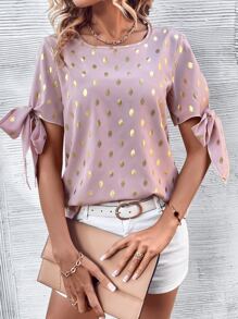 SHEIN LUNE Gold Dot Print Knot Cuff Blouse - Pink - View 4