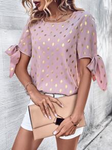 SHEIN LUNE Gold Dot Print Knot Cuff Blouse - Pink - View 5