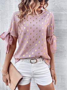 SHEIN LUNE Gold Dot Print Knot Cuff Blouse - Pink - View 6